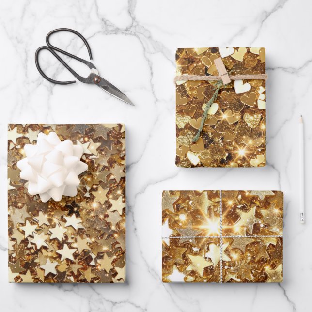 Feuille De Papier Cadeau Gold Stars Confetti (Recto)