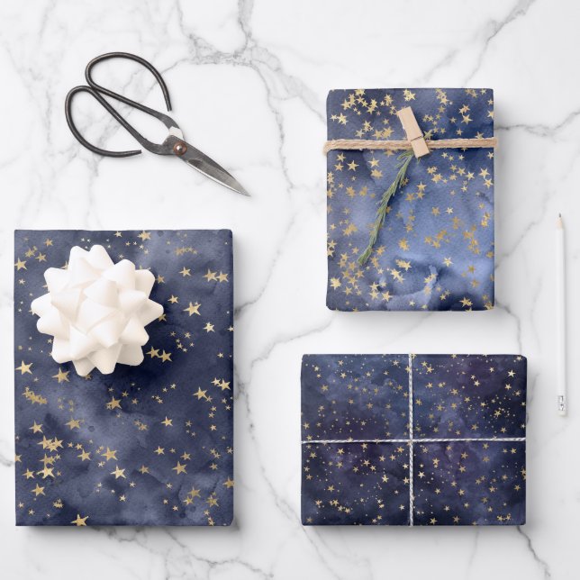 Feuille De Papier Cadeau Gold Stars sur Navy Night Sky (Recto)