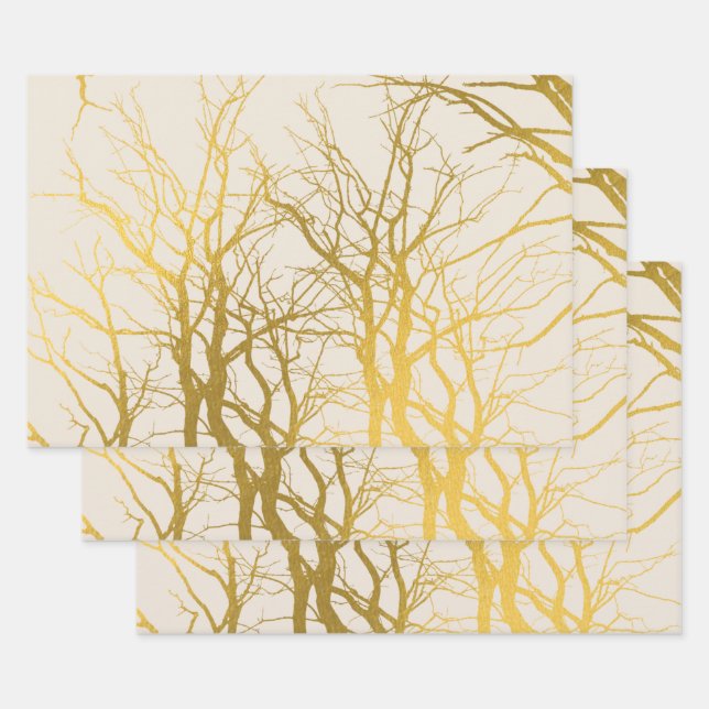 Feuille De Papier Cadeau Gold Tree Branches Motif Arrière - plan beige (Lot)