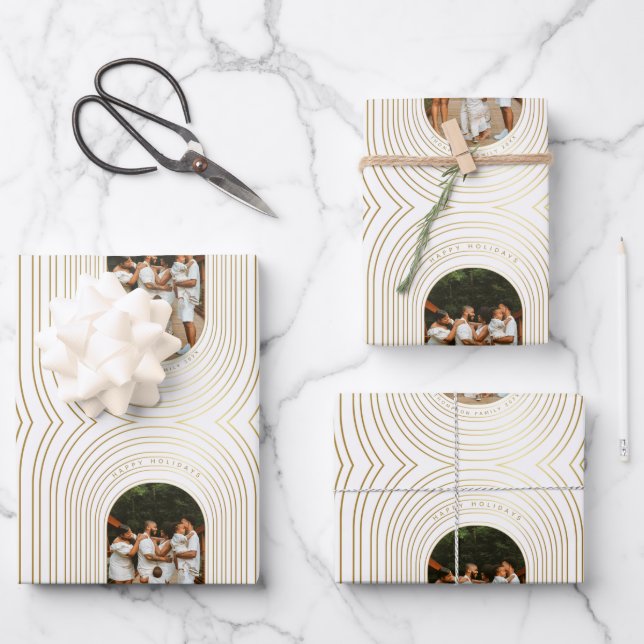 Feuille De Papier Cadeau Gold White Photo Famille (Recto)