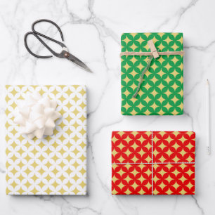 Feuille De Papier Cadeau Golden Diamond Star sur Vert, Rouge et Blanc