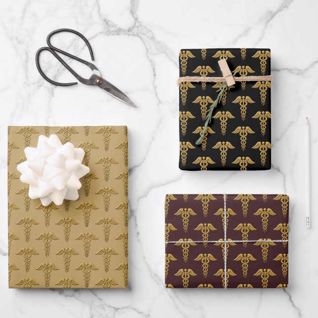 Feuille De Papier Cadeau Golden Double Snake Caduceus (Recto)