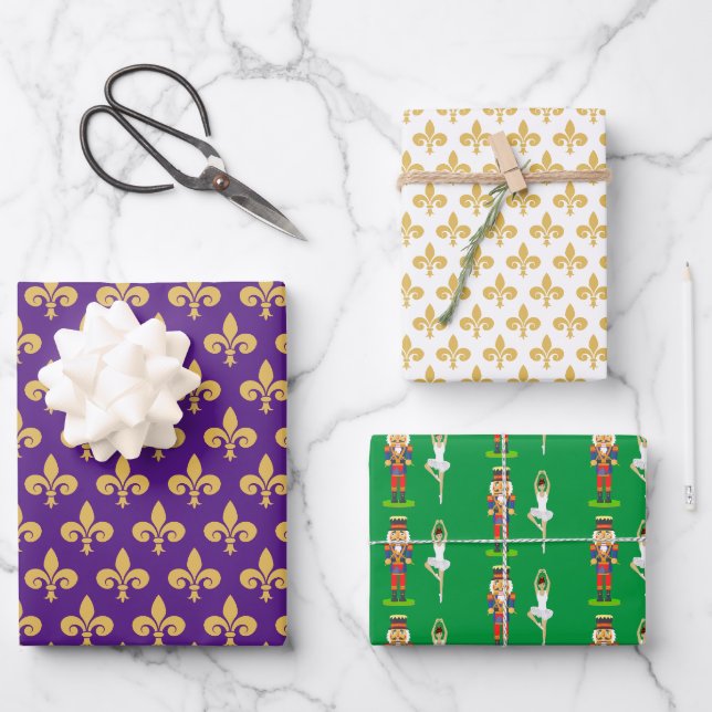 Feuille De Papier Cadeau Golden Lily Flowers, Nutcracker et Danseur de ball (Recto)