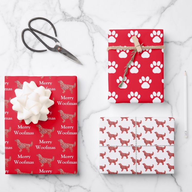 Feuille De Papier Cadeau Golden Retriever Chien Silhouette Rouge Merry Woof (Recto)