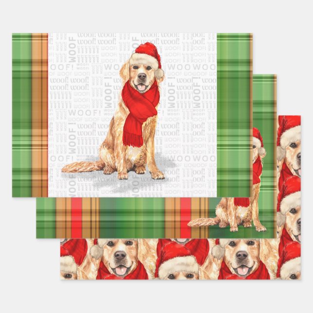 Feuille De Papier Cadeau Golden Retriever Christmas Dog and Plaid (Lot)