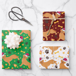 Feuille De Papier Cadeau Golden Retriever Dog with Santa Hat Christmas