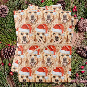 Feuille De Papier Cadeau Golden Retriever mignon Père Noël Chien Noël