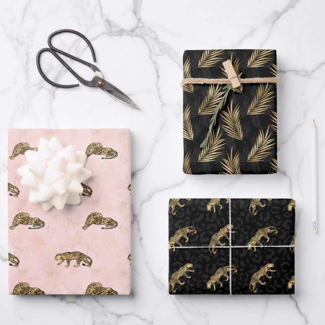 Feuille De Papier Cadeau Golden Tigers Motif rose noir élégant luxe (Recto)