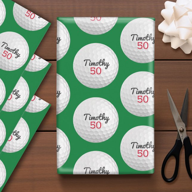 Feuille De Papier Cadeau Golf Ball Anniversaire - 50e ou autre année (Custom Golf Birthday Wrapping Paper)