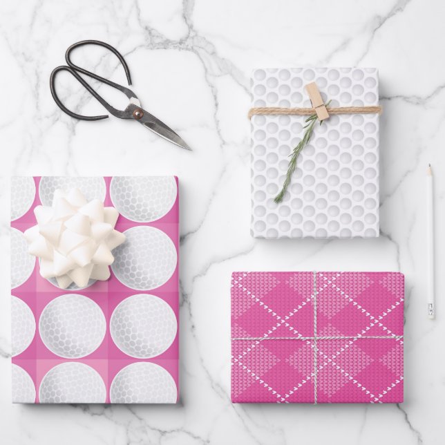 Feuille De Papier Cadeau Golf Balls Pink Preppy Ladies Golf Plaid Fun (Recto)