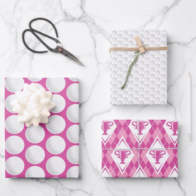 Feuille De Papier Cadeau Golf Pink Preppy Ladies Golf Ball Trophée Amusemen (Recto)