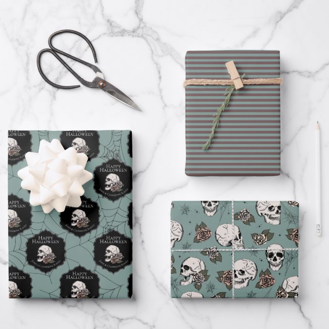 Feuille De Papier Cadeau Goth Green Skuls and Stripes Halloween (Recto)