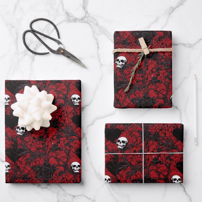 Feuille De Papier Cadeau Gothic Black Roses Black Hearts and Skulls (Recto)
