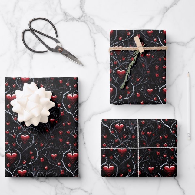 Feuille De Papier Cadeau Gothic Red Heart and Gray Fine Lines (Recto)