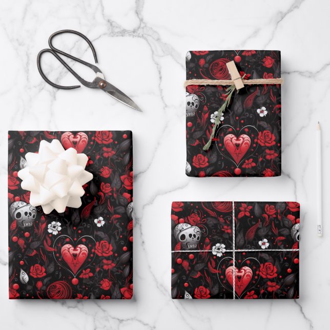 Feuille De Papier Cadeau Gothic Red Hearts and Roses  (Recto)