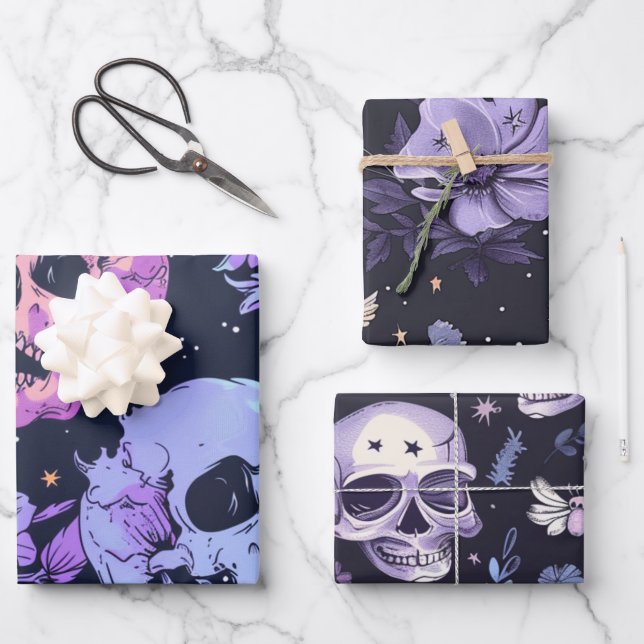 Feuille De Papier Cadeau Gothique Éffrayant Fleurs Crâne (Recto)
