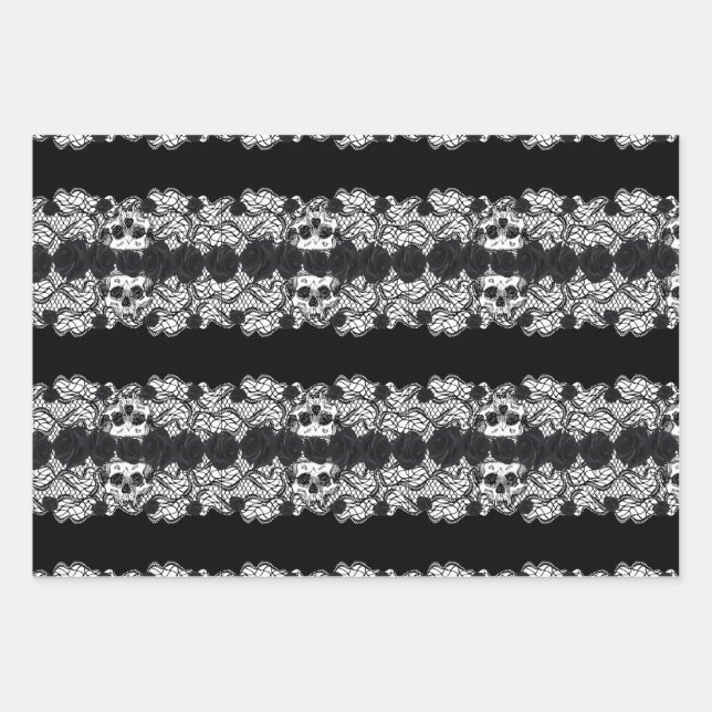 Feuille De Papier Cadeau Gothique : rose, dentelle et crâne (Devant)