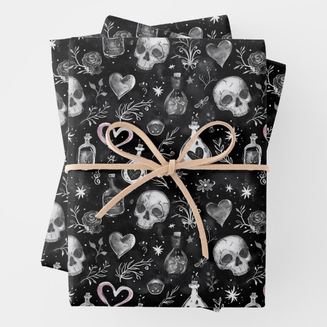 Feuille De Papier Cadeau Gothique Witchcraft Love Potion Coeurs crâne (En situation)