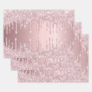 Feuille De Papier Cadeau Gouttes de paillettes roses d'anniversaire scintil