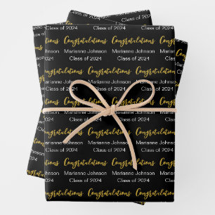 Feuille De Papier Cadeau Graduation Black White Gold Félicitations Nom