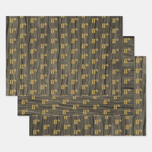 Feuille De Papier Cadeau Grain Rustique Faux Bois, Elégant Faux Gold "8e" (Lot)