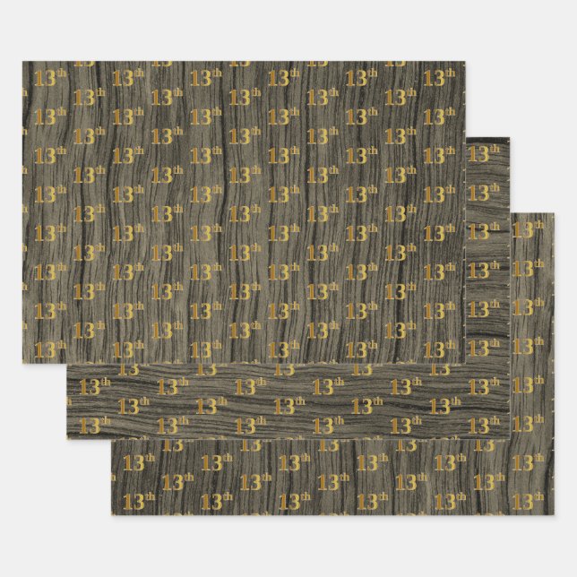 Feuille De Papier Cadeau Grain Rustique Faux Wood, Elégant Faux Gold "13e" (Lot)