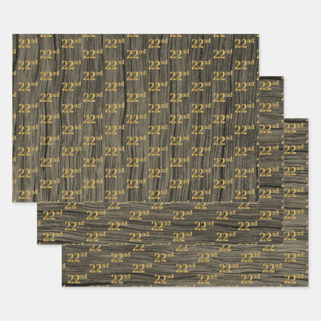 Feuille De Papier Cadeau Grain Rustique Faux Wood, Elégant Faux Gold "22e" (Lot)