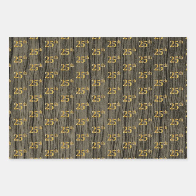 Feuille De Papier Cadeau Grain Rustique Faux Wood, Elégant Faux Gold "25e" (Devant)
