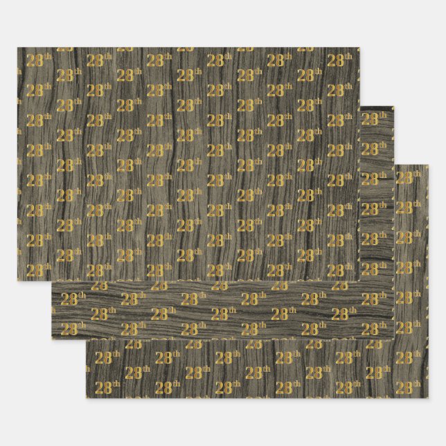 Feuille De Papier Cadeau Grain Rustique Faux Wood, Elégant Faux Gold "28e" (Lot)