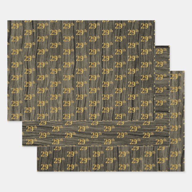 Feuille De Papier Cadeau Grain Rustique Faux Wood, Elégant Faux Gold "29e" (Lot)