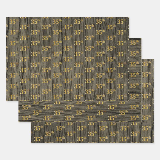 Feuille De Papier Cadeau Grain Rustique Faux Wood, Elégant Faux Gold "35e" (Lot)