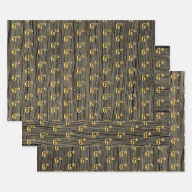 Feuille De Papier Cadeau Grain Rustique Faux Wood, Elégant Faux Gold "6th" (Lot)