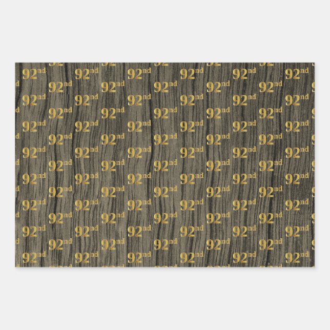 Feuille De Papier Cadeau Grain Rustique Faux Wood, Elégant Faux Gold "92e" (Devant)