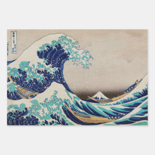 Feuille De Papier Cadeau GRANDE VAGUE JAPONAISE WOODBLOCK GIFT WRAP Set