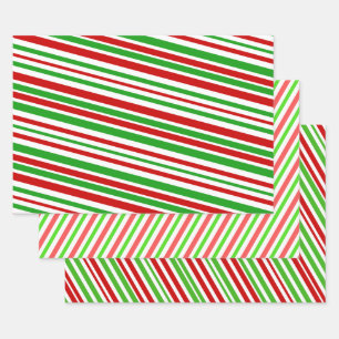 Feuille De Papier Cadeau Grandes bandes rouges, blanches et vertes à thème 
