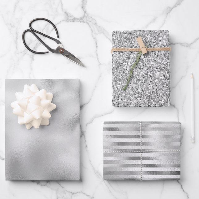 Feuille De Papier Cadeau Grandes Parties scintillant en argent glam (Recto)