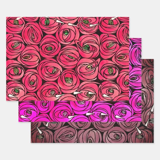 Feuille De Papier Cadeau Graphique rose Art Nouveau Rennie Macintosh (Lot)