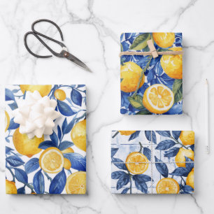 Feuille De Papier Cadeau Gras Bleu Italien Positano Lemon