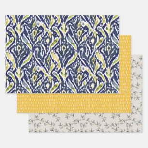 Feuille De Papier Cadeau Gras bleu jaune Abstrait Ikat Motif