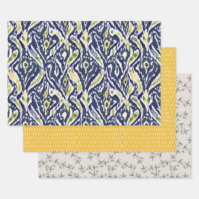 Feuille De Papier Cadeau Gras bleu jaune Abstrait Ikat Motif (Lot)