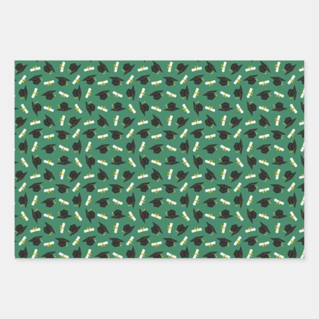 Feuille De Papier Cadeau Green Caps Diplomas Mixed Graduation Patterns (Devant)