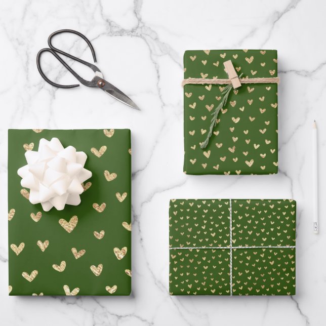 Feuille De Papier Cadeau Green Gold Holiday Love Hearts Motif (Recto)