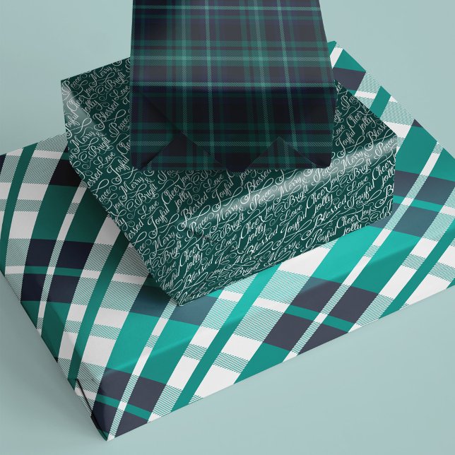 Feuille De Papier Cadeau Green & Navy Tartan Plaid Christmas Typografy (Créateur téléchargé)