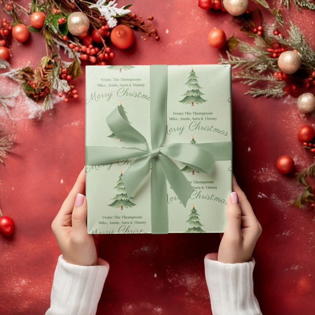 Feuille De Papier Cadeau Green Watercolor Tree Custom Christmas (Green Christmas Tree Custom Merry Christmas Wrapping Paper.)