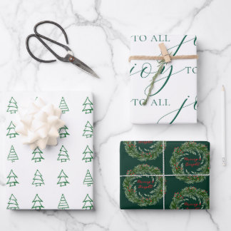 Feuille De Papier Cadeau Green & White Christmas Tree, Wreath Scripted Set
