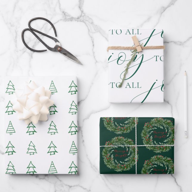 Feuille De Papier Cadeau Green & White Christmas Tree, Wreath Scripted Set (Recto)