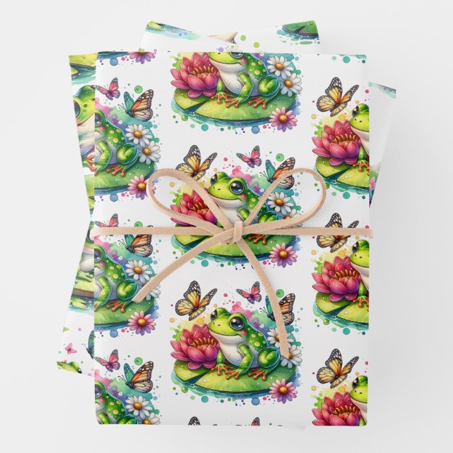 Feuille De Papier Cadeau Grenouille mignonne sur un chariot et des fleurs A (En situation)