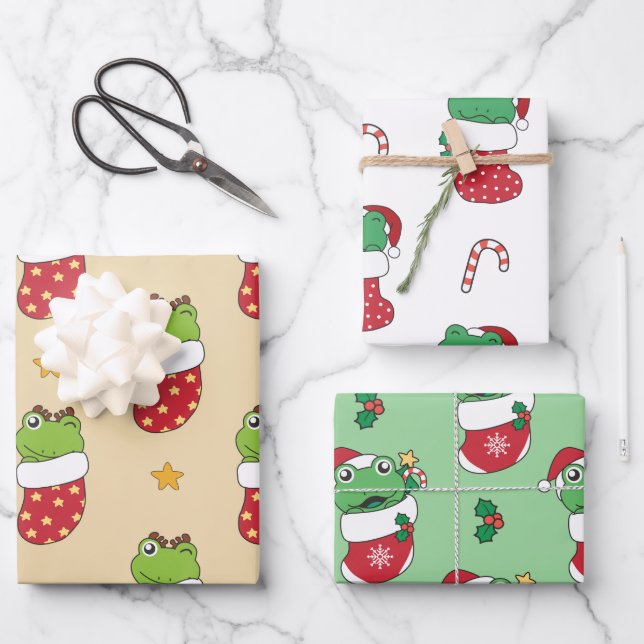Feuille De Papier Cadeau Grenouille Noël Animaux d'hiver Grenouilles de Noë (Recto)