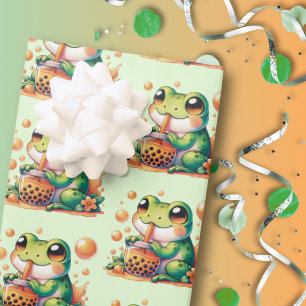 Feuille De Papier Cadeau Grenouille verte Boire Boba Orange