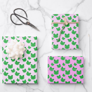 Feuille De Papier Cadeau Grenouille verte Motif rose